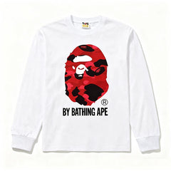 BAPE Style "BY BATHING APE" Camo Ape Head Long-Sleeve Tee - White/Red