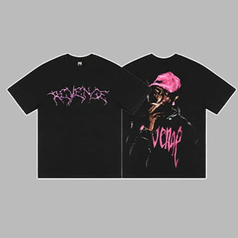 Revenge Pink Arch Logo & Pink Hat Portrait Graphic Short Sleeve T-Shirt