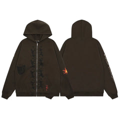 Streetwear Vintage Tapestry Zip-Up Hoodie - Dark Brown