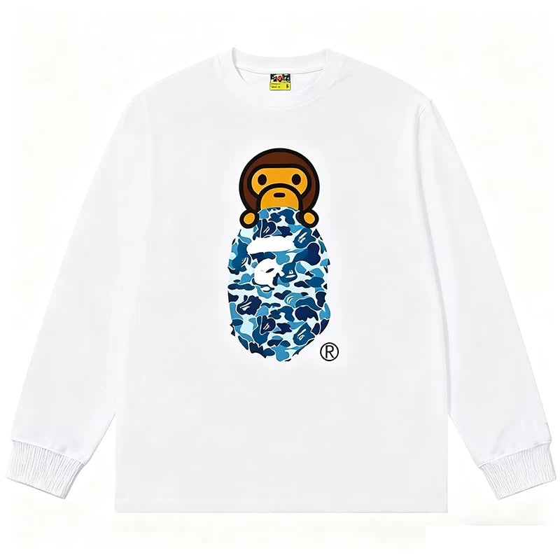 BAPE Style Baby Milo Peeking on Camo Ape Head Long-Sleeve Tee - White/Blue