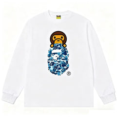 BAPE Style Baby Milo Peeking on Camo Ape Head Long-Sleeve Tee - White/Blue