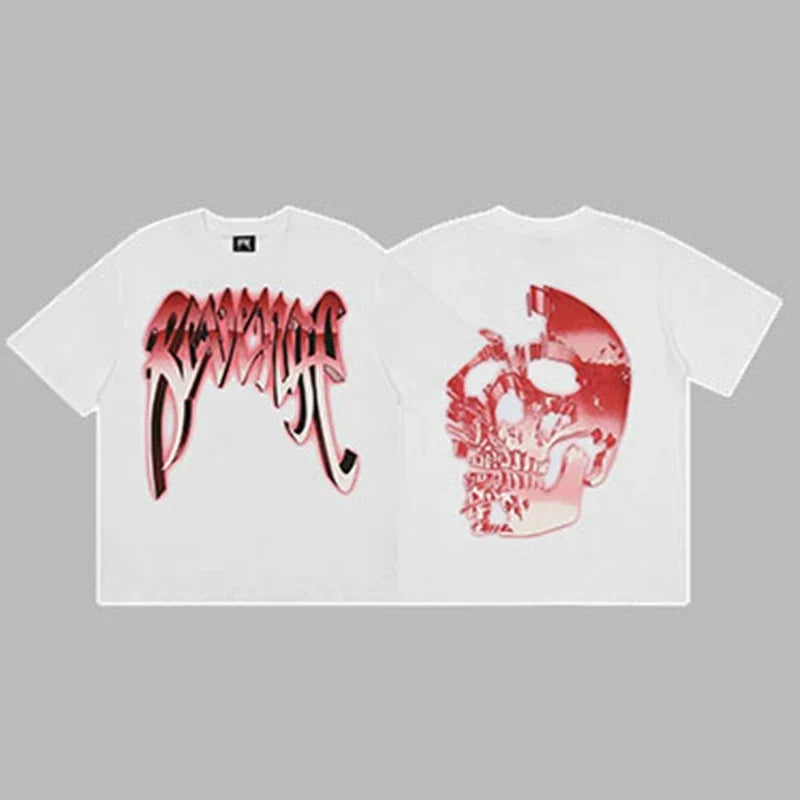 Revenge Red & Silver Gradient Arch Logo & Broken Skull Graphic Short Sleeve T-Shirt White