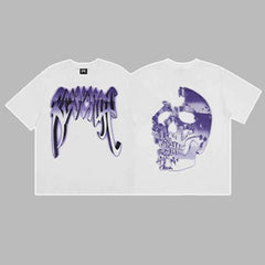 Revenge Purple & Silver Gradient Arch Logo & Broken Skull Graphic Short Sleeve T-Shirt White