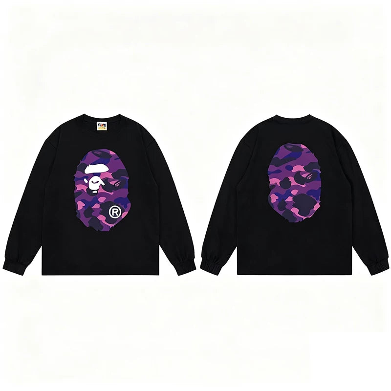 BAPE Style Big Camo Ape Head Long-Sleeve Tee - Black/Purple