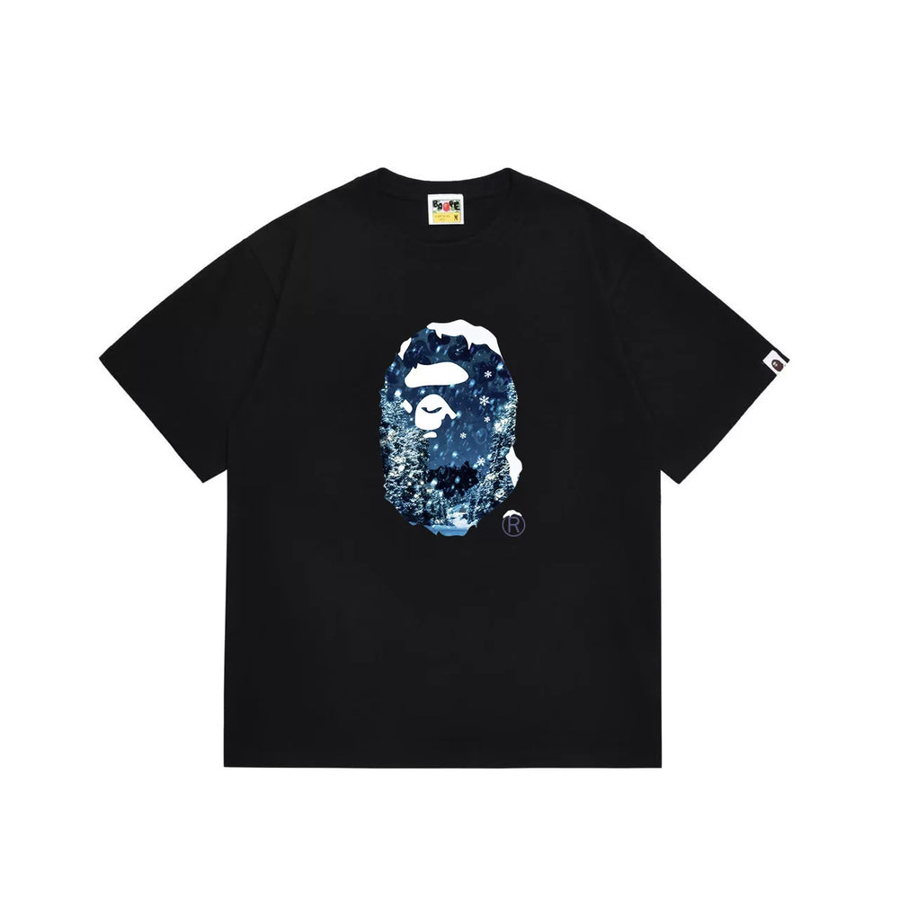 BAPE Style Winter Snow Scenery Ape Head Short-Sleeve Tee - Black