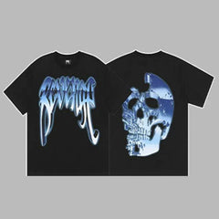 Revenge Silver & Blue Metallic Arch Logo & Skull Graphic Short Sleeve T-Shirt Black