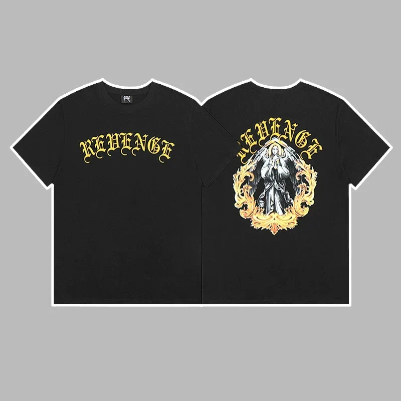 Revenge Yellow Arch Logo & Religious Angel Graphic Short Sleeve T-Shirt (Black)