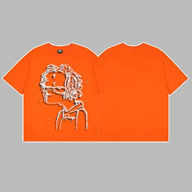 Revenge Outline Cartoon Portrait Graphic Short Sleeve T-Shirt Orange