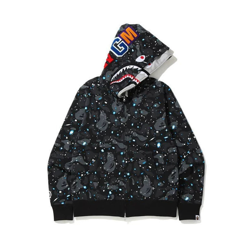 BAPE Style Space Galaxy Shark Full-Zip Hoodie - Black Multi