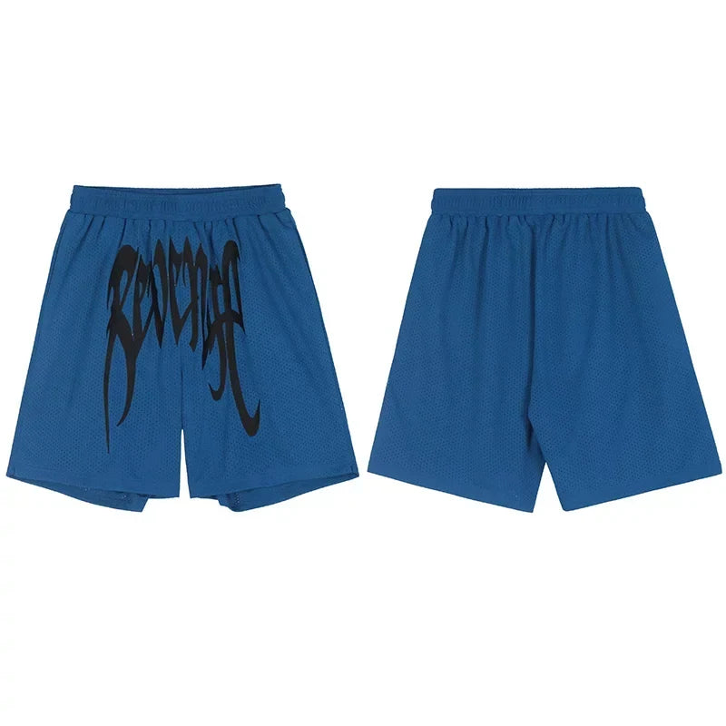 Revenge Gothic Logo Mesh Athletic Shorts - Blue