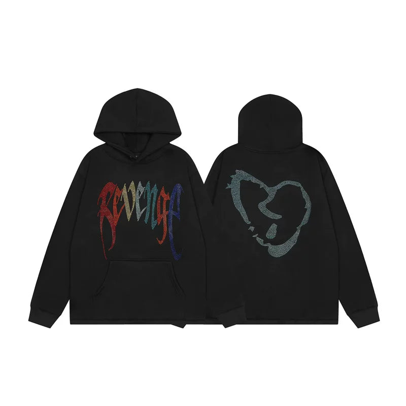 Revenge Rhinestone Broken Heart Arch Logo Pullover Hoodie