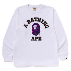 BAPE Style Collegiate Arc Logo & Camo Ape Head Long-Sleeve Tee - White/Purple