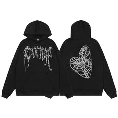 Revenge Rhinestone Spiderweb Heart Arch Logo Pullover Hoodie grey