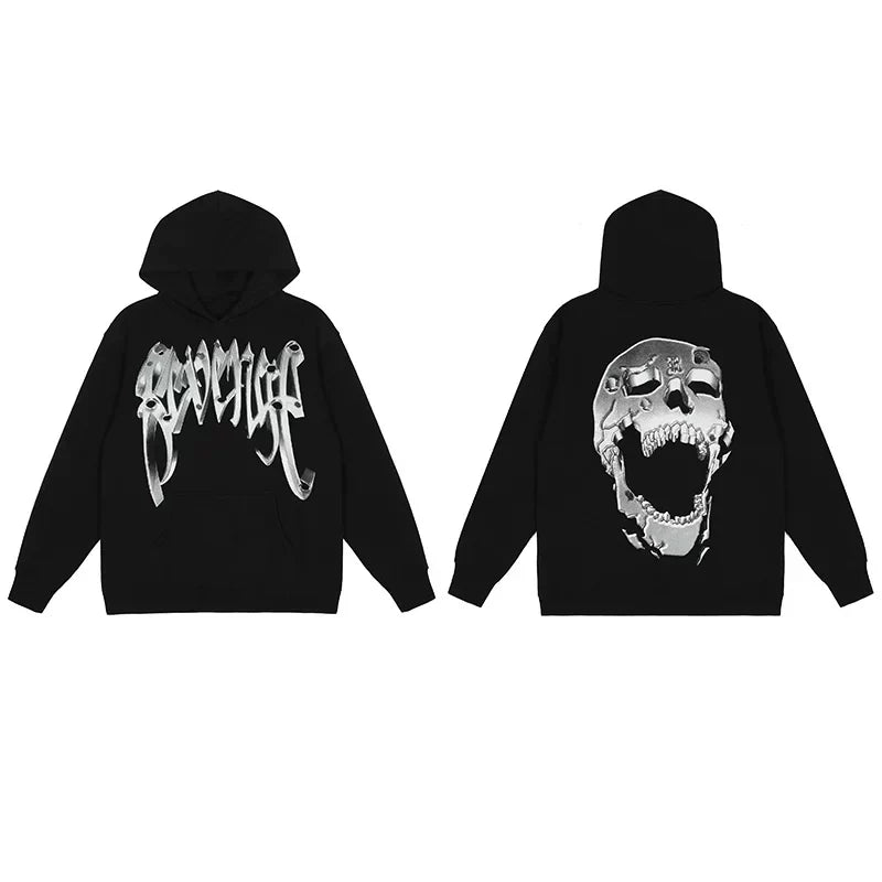 Revenge Metallic Silver 3D Screaming Skull Arch Logo Pullover Hoodie black