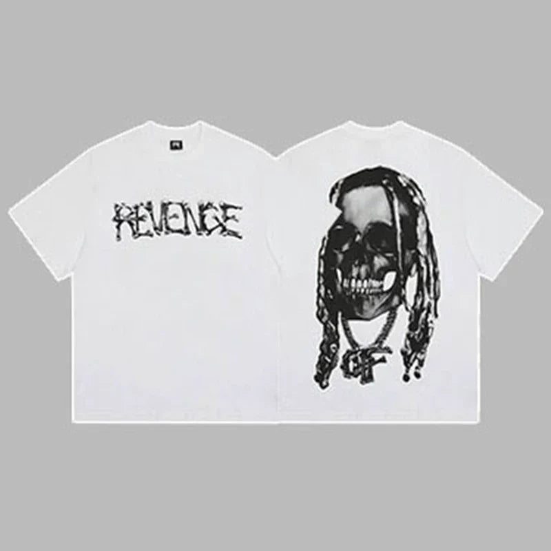Revenge White Arch Logo & Dreadlocks Skull Graphic Short Sleeve T-Shirt White