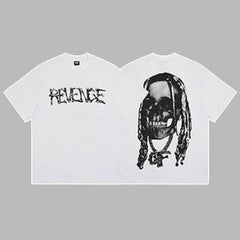 Revenge White Arch Logo & Dreadlocks Skull Graphic Short Sleeve T-Shirt White