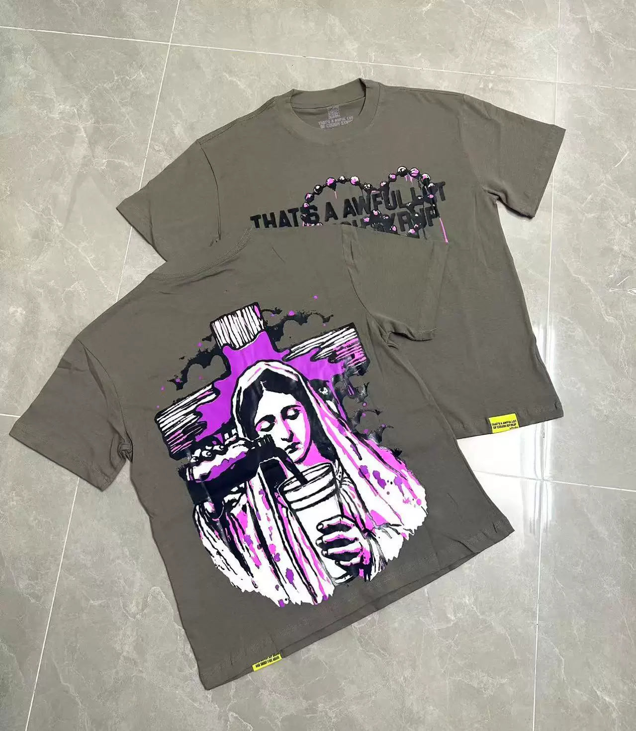 That's A Awful Lot Of Cough Syrup Angel Heart Graphic T-Shirt - Grey / Purple