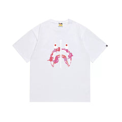 BAPE Style Camo Shark Full-Zip Motif Short-Sleeve Tee - White/Pink