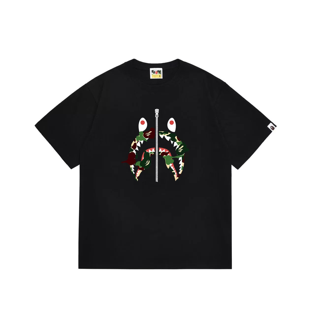 BAPE Style Camo Shark Full-Zip Motif Short-Sleeve Tee - Black/Classic Green