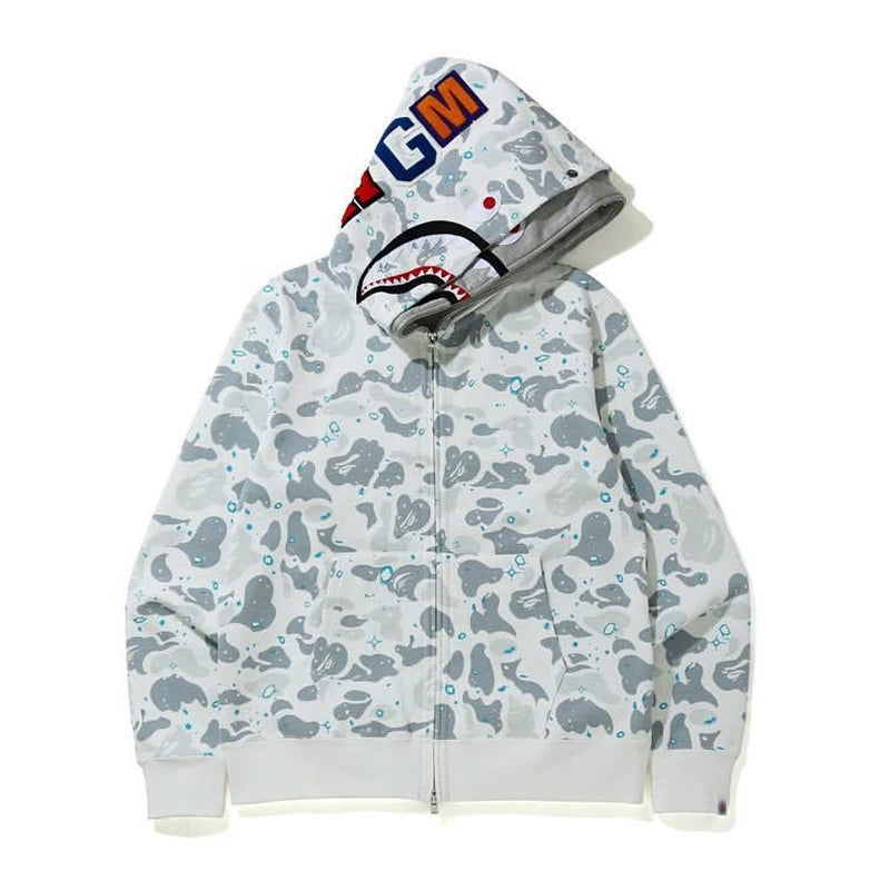 BAPE Style Camo Shark Full-Zip Hoodie - Light Grey/Ice Blue