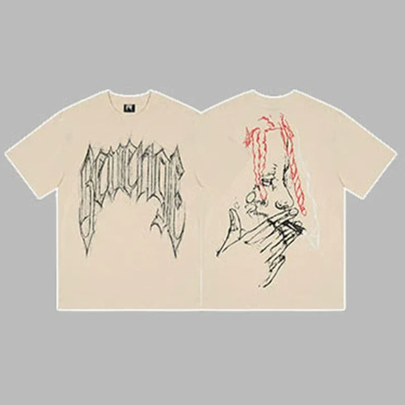 Revenge Arch Logo & Hand Portrait Graphic Short Sleeve T-Shirt Beige