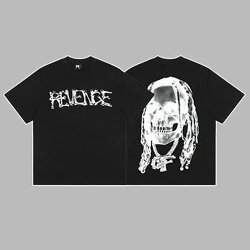 Revenge White Arch Logo & Dreadlocks Skull Graphic Short Sleeve T-Shirt Black