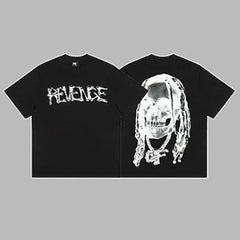 Revenge White Arch Logo & Dreadlocks Skull Graphic Short Sleeve T-Shirt Black