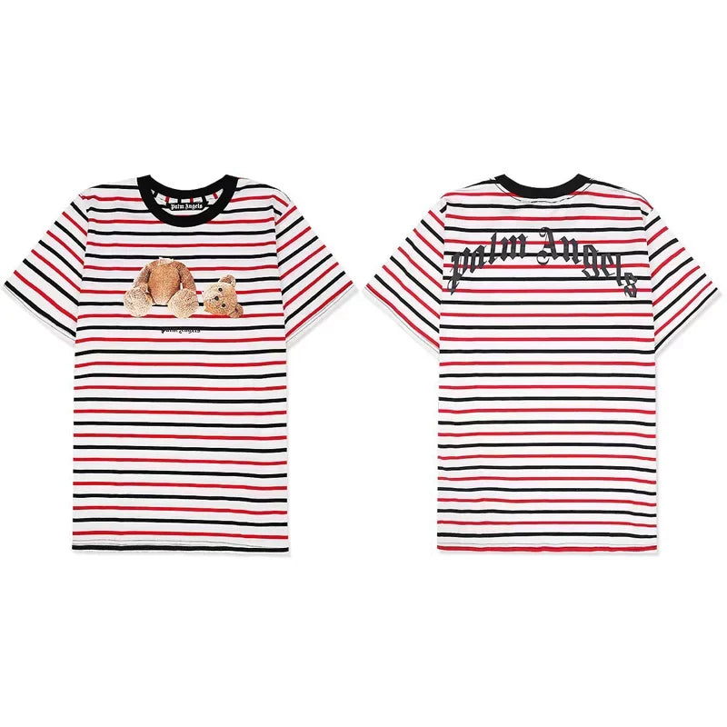 Palm Angels Striped Bear Graphic T-Shirt - Red/White/Black
