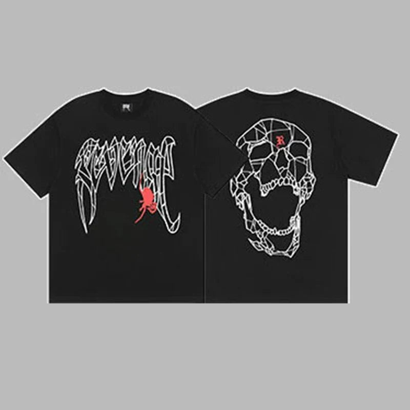 Revenge Arch Logo with Spider & Geometric Skull Graphic Short Sleeve T-Shirt Black