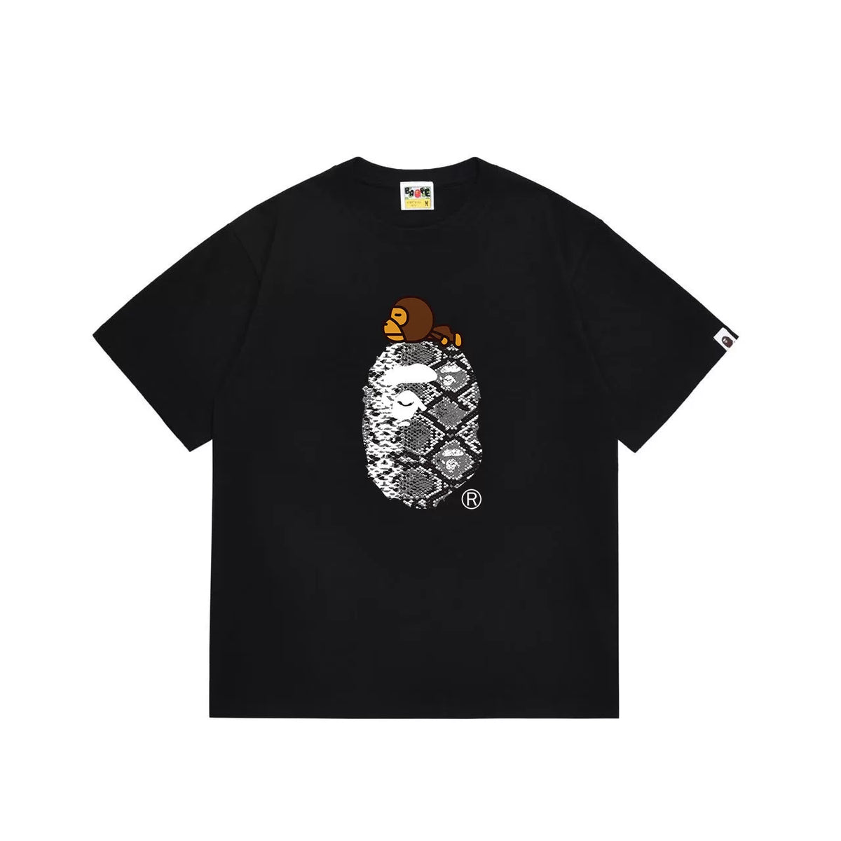 BAPE Style Snake Print & Baby Ape Head Short-Sleeve Tee - Black