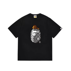 BAPE Style Snake Print & Baby Ape Head Short-Sleeve Tee - Black