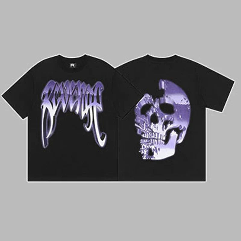 Revenge Purple & Silver Gradient Arch Logo & Broken Skull Graphic Short Sleeve T-Shirt Black