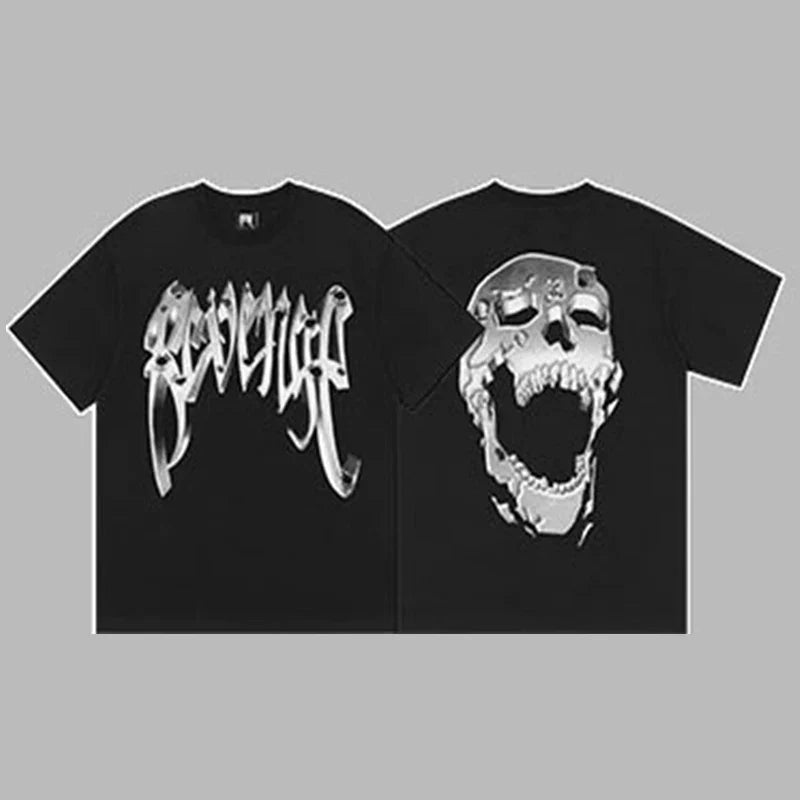 Revenge Silver Metallic Arch Logo & Skull Graphic Short Sleeve T-Shirt (Black)