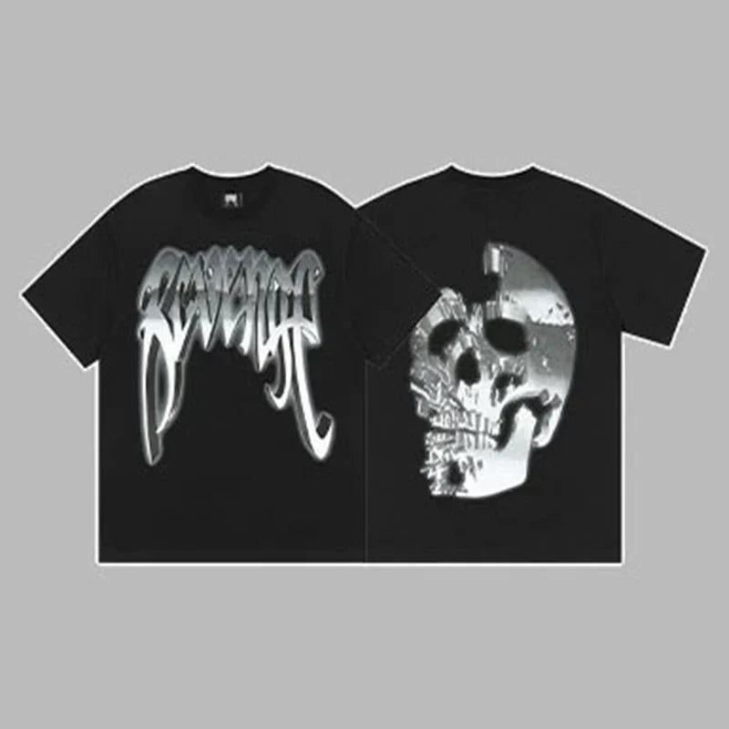 Revenge Silver Metallic Arch Logo & Skull Graphic Short Sleeve T-Shirt (Black)